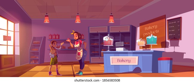 Confectionery shop cartoon vector illustration. Girl buying products in bakery, woman owner of bake house giving sweet cupcake to little customer holding paper shopping package with bread and baguette