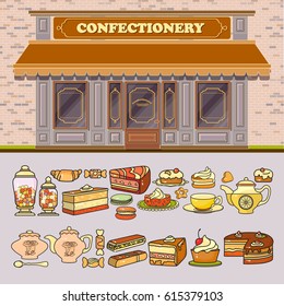 Confectionery shop and set of cute various desserts icons. Flat design vector illustration of small business concept. Stylish sweets boutique. Store design template. Can be used cafe menu, bar, poster