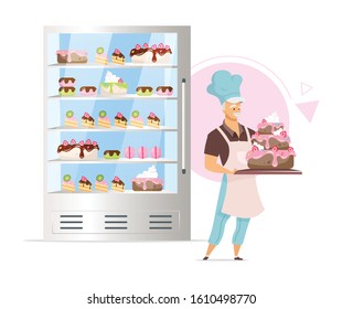 Confectionery shop showcase flat color vector illustration. Baker holding glazed tiered cake. Bakery products. Decorated confections in fridge. Isolated cartoon character on white background