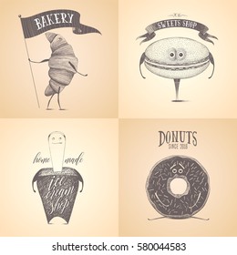 Confectionery shop vector logo, icon in set. Cute hand drawn  graphic elements, illustration with croissant, macaroon, ice cream, donut