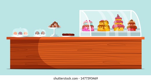 Confectionery showcase flat vector illustration. Table with delicious dessert, candy store assortment. Cafeteria counter isolated on blue background. Pastry shop, bakery interior design element