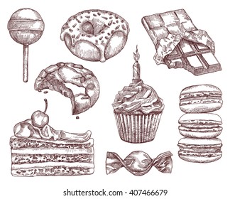 Confectionery, sketches, hand drawing, vector set