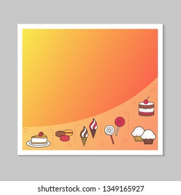 Confectionery social media banner, poster, posts cover mockup, booster. Desserts bakery and cafe. Frame vector template. Background for text, photos. Isolated color border with icons