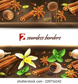 Confectionery spices on dark wooden seamless borders vector illustration