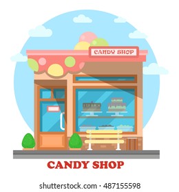 Confectionery store or shop building on street. Bakery and pastry, sweet dessert on showcase at construction or structure with ice-cream on roof. Ideal for city panorama and facade outdoor view