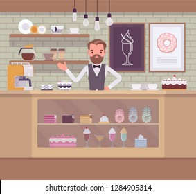 Confectionery store, shop with sweet assortment, man sells sugary food. Smiling male seller welcoming buyers, display window with tasty bakery, cakes, pastry. Small business idea. Vector illustration