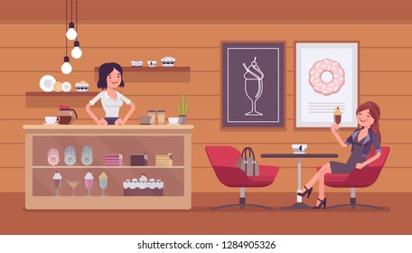 Confectionery store, shop with sweet assortment and shop visitor. Smiling female seller at display window, woman buyer enjoys dessert at table, cafe interior. Small business idea. Vector illustration