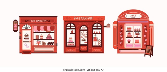 Confectionery street fair stalls. Candy shop market. Cartoon illustration of stalls with sweets, pastries, cakes and cookies. Vector sweet houses