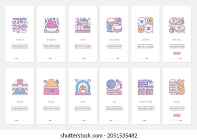 Confectionery, sweet candy cafe or pastry shop food products vector illustration. UX, UI onboarding mobile app page screen set with line variety of bakers dessert snack, sweets and pastries for eating