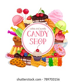 Confectionery and Sweets Banner Design Vector. Donut and Cotton Candy, Muffin, Waffles, Biscuits and Jelly. Dessert, Lollipop, Ice Cream with Candied, Macaron and Pudding.