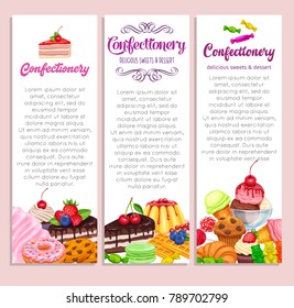 Confectionery and Sweets Banners Design Vector. Donut and Cotton Candy, Muffin, Waffles, Biscuits and Jelly. Dessert, Lollipop, Ice Cream with Candied, Macaron and Pudding.