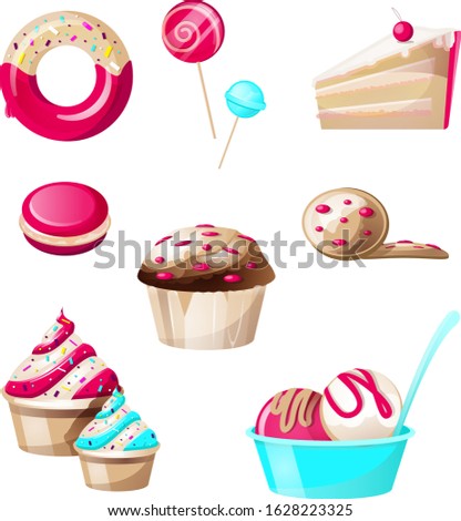 Confectionery and sweets candies set isolated on white background. Donut with sprinkles, lollipop, cake, macaroon, cupcake, biscuit cookies, ice cream balls with topping. Cartoon vector illustration