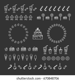 Confectionery and sweets. Collection of vector graphic borders and circle frames. Linear design