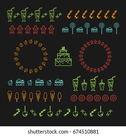 Confectionery and sweets. Collection of vector graphic borders and circle frames. Linear design