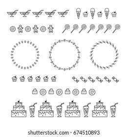 Confectionery and sweets. Collection of vector graphic borders and circle frames. Linear design