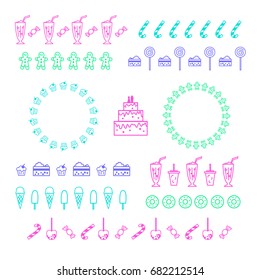 Confectionery and sweets. Collection of vector graphic borders and circle frames. Linear design