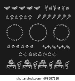 Confectionery and sweets. Collection of vector graphic borders and circle frames. Linear design