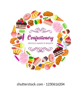 Confectionery and sweets layout. Vector donut and cotton candy, muffin, waffles, biscuits and jelly. Dessert, lollipop, ice cream with candied, macaron and pudding.