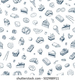 confectionery sweets - seamless pattern. Sketch icons. isolated vector. packing and wallpaper design