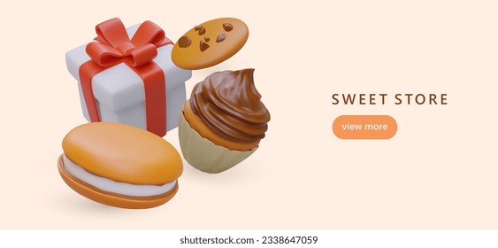 Artículos de confitería, dulces. Deliciosos postres para la fiesta. Tentempiés dulces diarios. Comida rápida sugoria. Galletas y pastelitos 3D, caja de regalo. Concepto de publicidad web