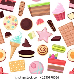 Confectionery sweets vector chocolate candies and sweet confection dessert in candyshop illustration of confected cake or cupcake with choco cream set isolated on background - Shutterstock ID 1330998386