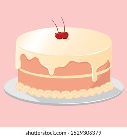 Süßwaren-Vektor. Kuchen bedeckt mit weißer Schokoladencreme mit Kirsche auf der oberen Illustration. Logo Concept Design. Geburtstag. Bäckerei. Nachtisch.