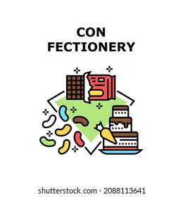 Confectionery Vector Icon Concept. Chocolate, Jelly Candies And Sweet Cake Confectionery Delicious Dessert. Confection Sugary And Cocoa Gourmet Food Unhealthy Nourishment Color Illustration
