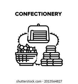 Confectionery Vector Icon Concept. Lollipop Candies Basket And Macaroons Cookies, Piece Of Pie Or Biscuit Cake Confectionery Delicious Food. Sweet Dessert Assortment Black Illustration