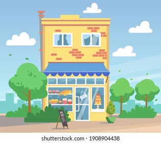 Confectionery vector illustration. Urban landscape in a flat style. Entrance to the store. eps 10