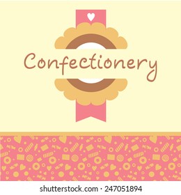 Confectionery.. Vector logo and background with a pattern of sweets. Cookies with chocolate, cake, ribbon. Pink, brown and beige shades.