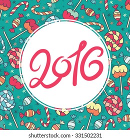 confectionery vector seamless pattern with candy cane, sweet candy, candy apple and lollipop