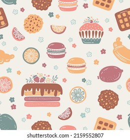 Confectionery Vector Vintage Background. Sweet Food Seamless Pattern. Birthday Chocolate Cake, Cupcake, Croissant, Oatmeal Cookies, Waffles, Macaroon Cookie and Lemon Fruit. Retro Colors.