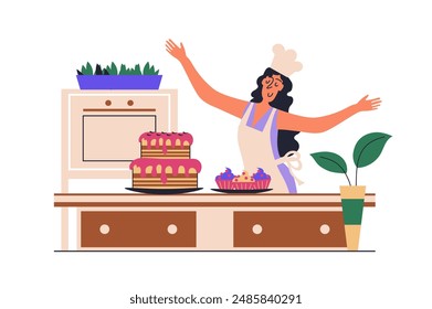Confectionery web concept with people scene in flat design. Woman making sweets, cakes, pastries and cupcakes and decorates desserts at kitchen. Vector illustration with character situation for web