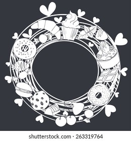 Confections and sweets background. Vector illustration with place for text. May be an invitation, greeting card.