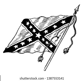 The Confederate Battle Flag, this flag has dark saltire with white outline, 13 five pointed stars inside the saltire, vintage line drawing or engraving illustration`