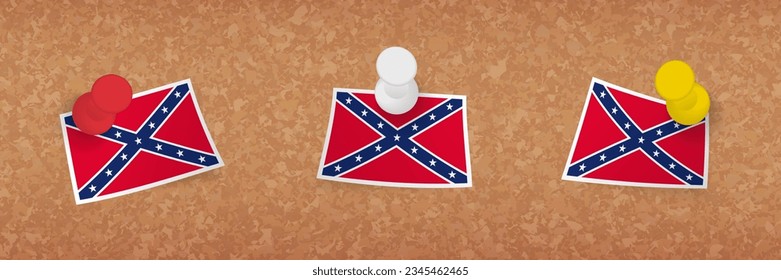 Confederate flag pinned in cork board, three versions of Confederate flag. Vector pushpins and flag set.