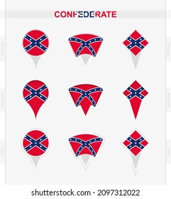 Confederate flag, set of location pin icons of Confederate flag. Vector illustration of national symbols.