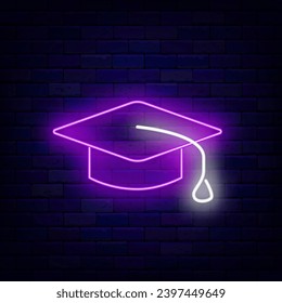Confederate hat neon sign. Education idea. Scientist head wear. School concept. University emblem. Back to school design. Knowledge label. Glowing advertising on brick wall. Vector stock illustration
