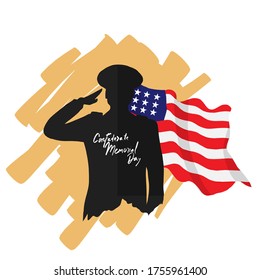 Confederate memorial day vector logo icon of veteran soldier with flag background