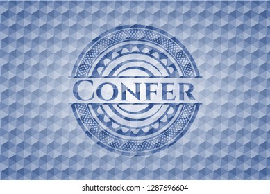 Confer blue emblem with geometric pattern background.