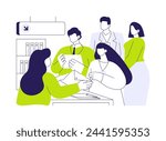 Conference accreditation abstract concept vector illustration. Group of diverse people at international business conference, getting badges, negotiation with partners abstract metaphor.