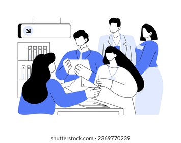 Conference accreditation abstract concept vector illustration. Group of diverse people at international business conference, getting badges, negotiation with partners abstract metaphor.