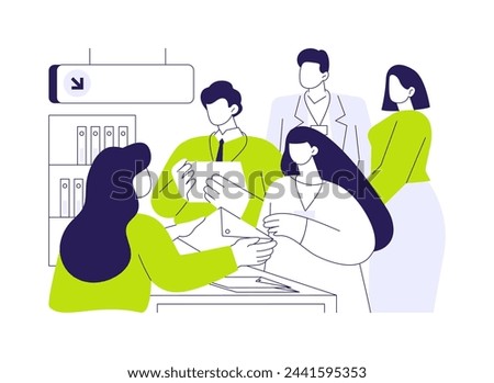 Conference accreditation abstract concept vector illustration. Group of diverse people at international business conference, getting badges, negotiation with partners abstract metaphor.