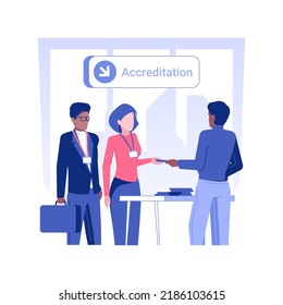 Conference accreditation isolated concept vector illustration. Group of diverse people at international business conference, getting badges, negotiation with partners vector concept.