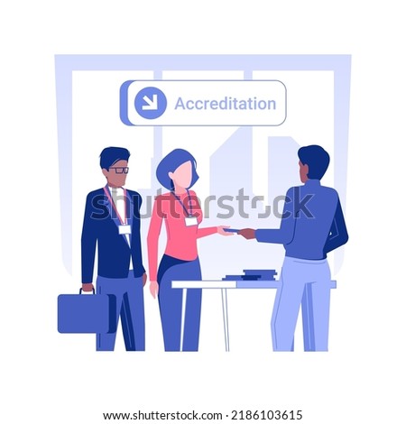 Conference accreditation isolated concept vector illustration. Group of diverse people at international business conference, getting badges, negotiation with partners vector concept.