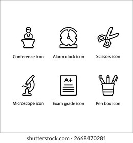 Conference, Alarm clock, Scissors, Microscope, Exam grade, Pen box, icon, Line icon Set