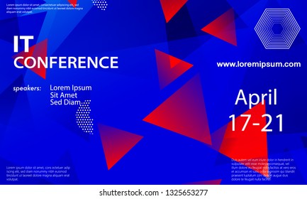 Conference announcement design template, flyer layout. Geometric background. Minimal abstract cover design. Creative colorful wallpaper. Trendy gradient poster. Vector illustration.