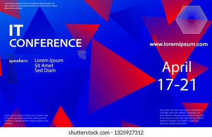 Conference announcement design template, flyer layout. Geometric background. Minimal abstract cover design. Creative colorful wallpaper. Trendy gradient poster. Vector illustration.