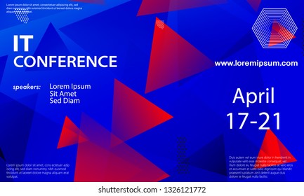 Conference announcement design template, flyer layout. Geometric background. Minimal abstract cover design. Creative colorful wallpaper. Trendy gradient poster. Vector illustration.