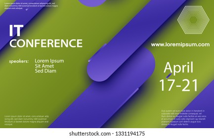 Conference announcement design template, flyer layout. Material design. Minimal abstract cover. Creative colorful wallpaper. Trendy gradient poster. Vector illustration.